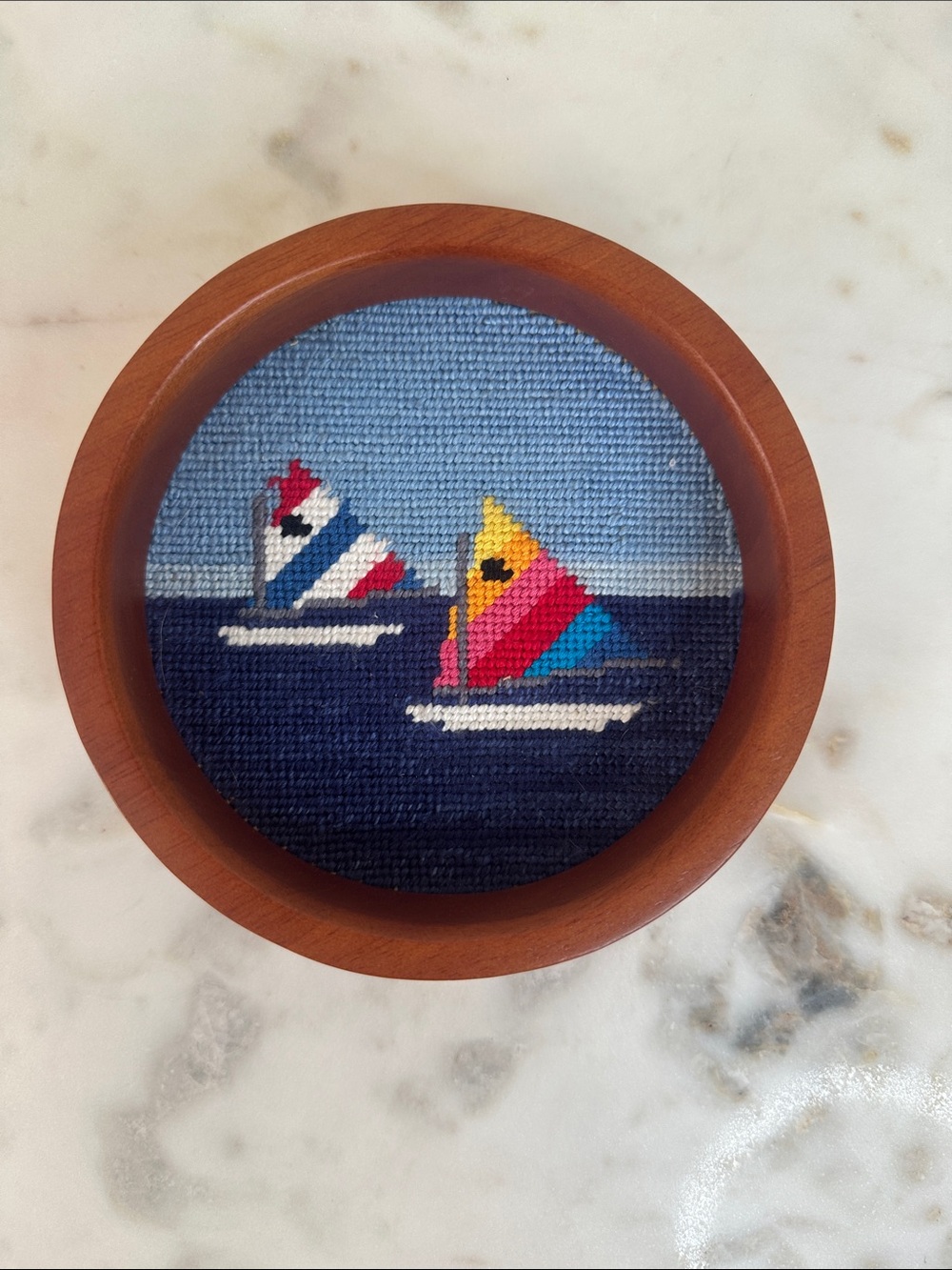 Handmade Wood Coaster with Blue Nautical Embroidered Sailboats
